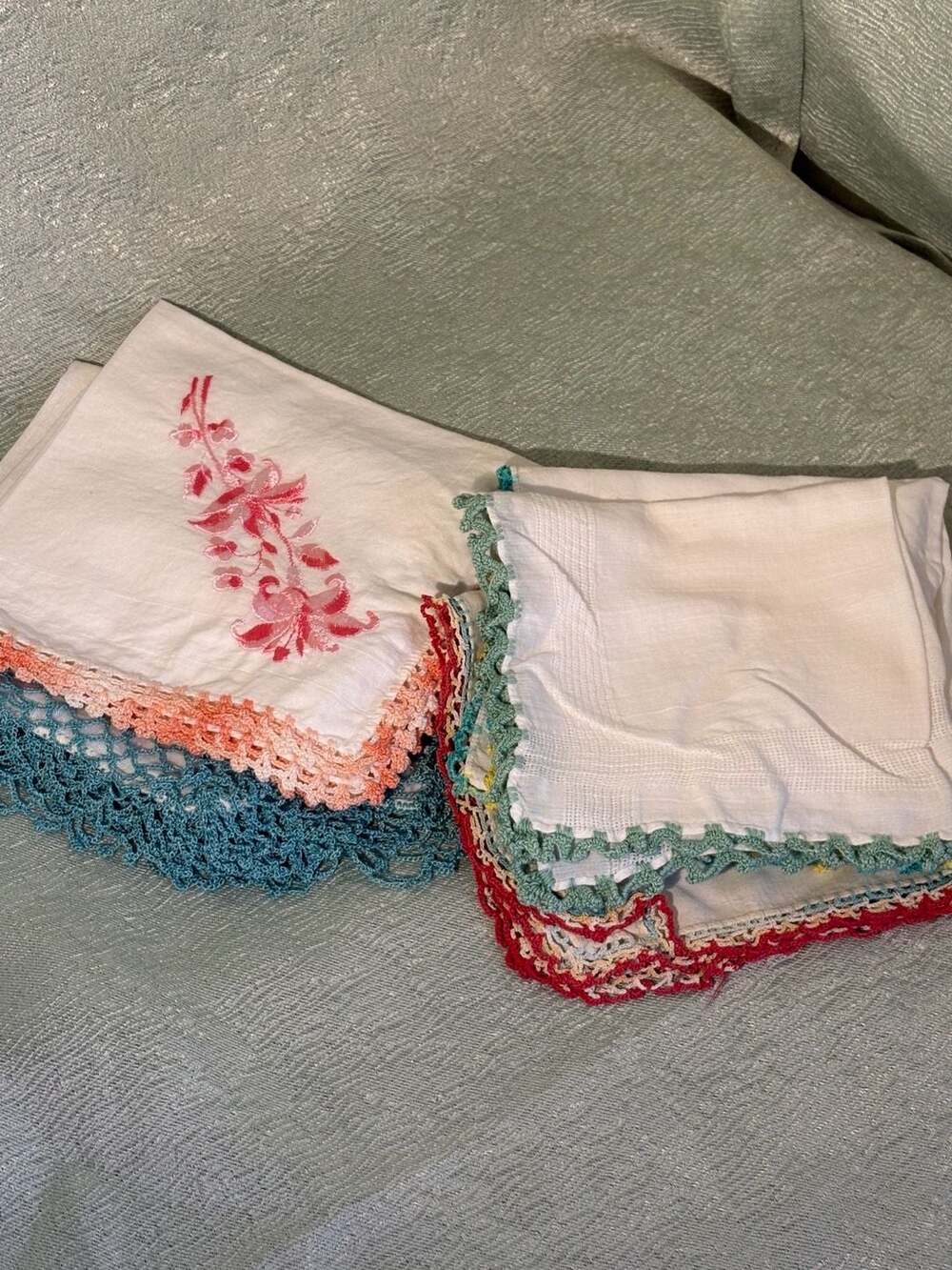 Vintage Handkerchief Lot (6) With Colorful Embroidery and Crochet Lace Edges Set